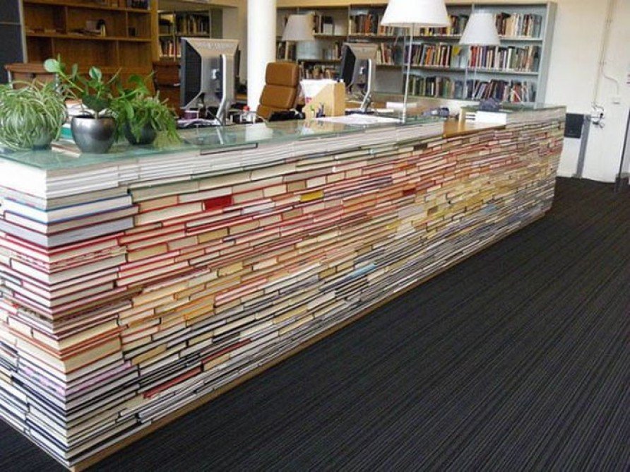 administration desk made from books